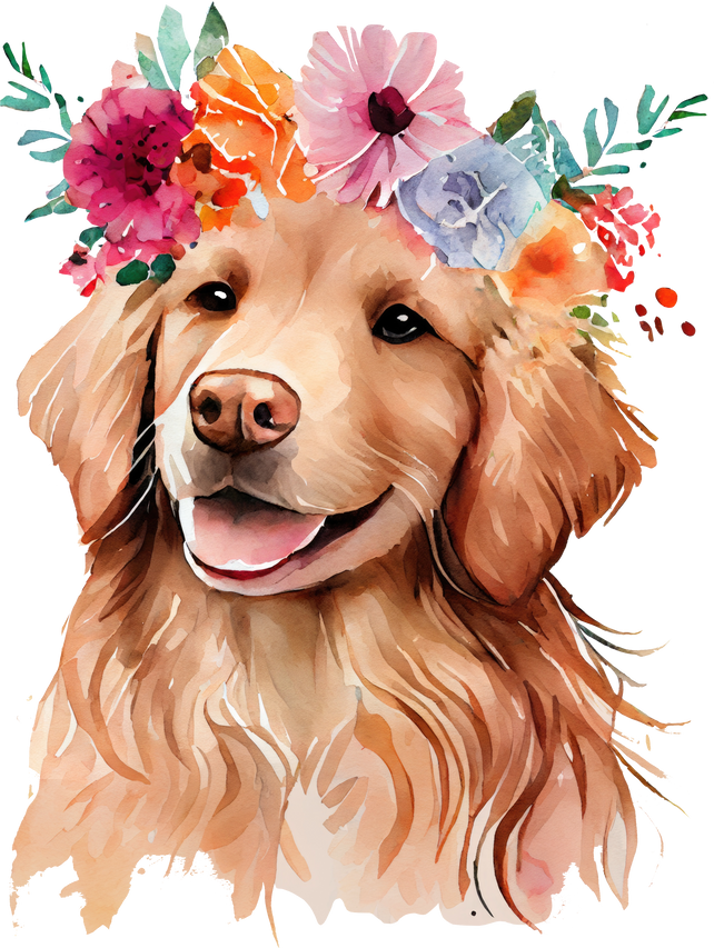 Cute Golden Retriever Dog Flowers Watercolor Illustration
