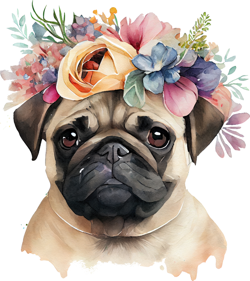 Cute Pug Dog Flowers Watercolor Illustration